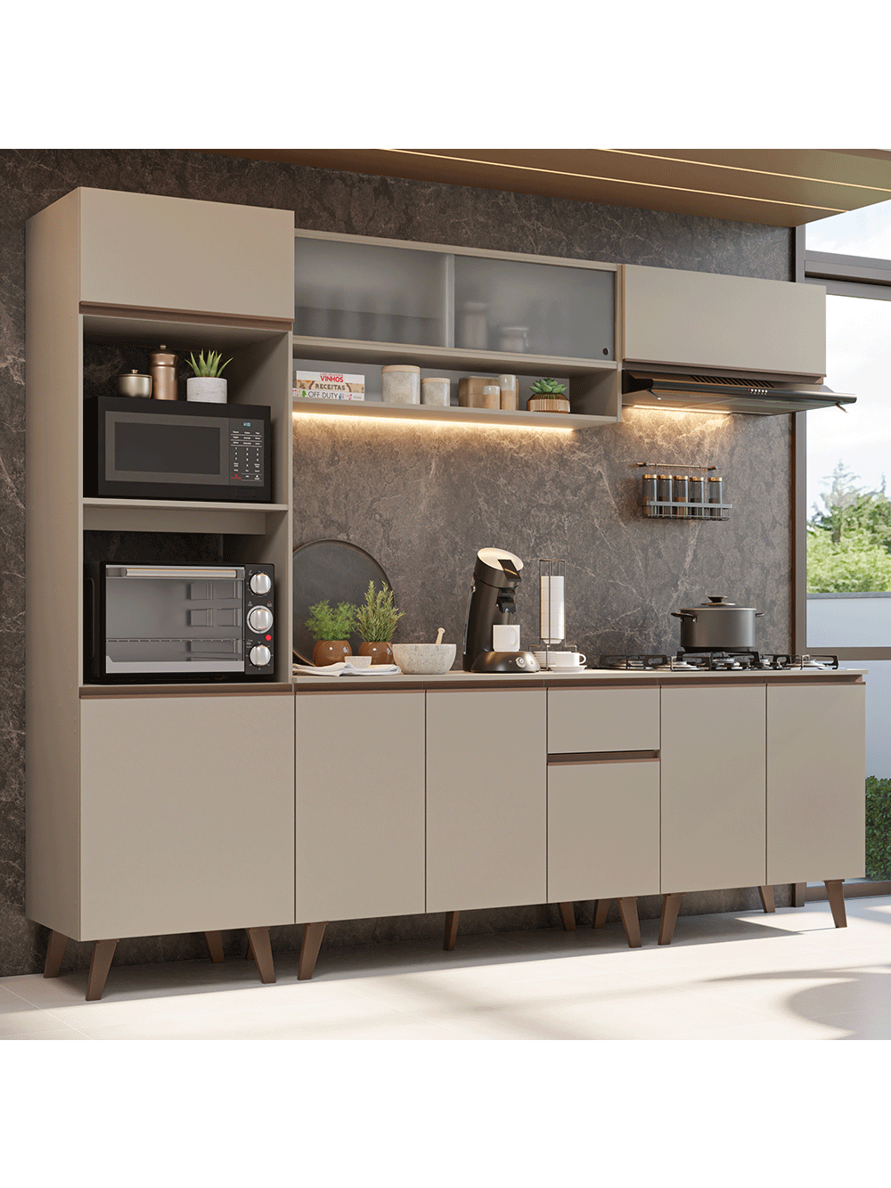 Armário de Cozinha Completa 260 cm Crema Nice Madesa 02 - Crema