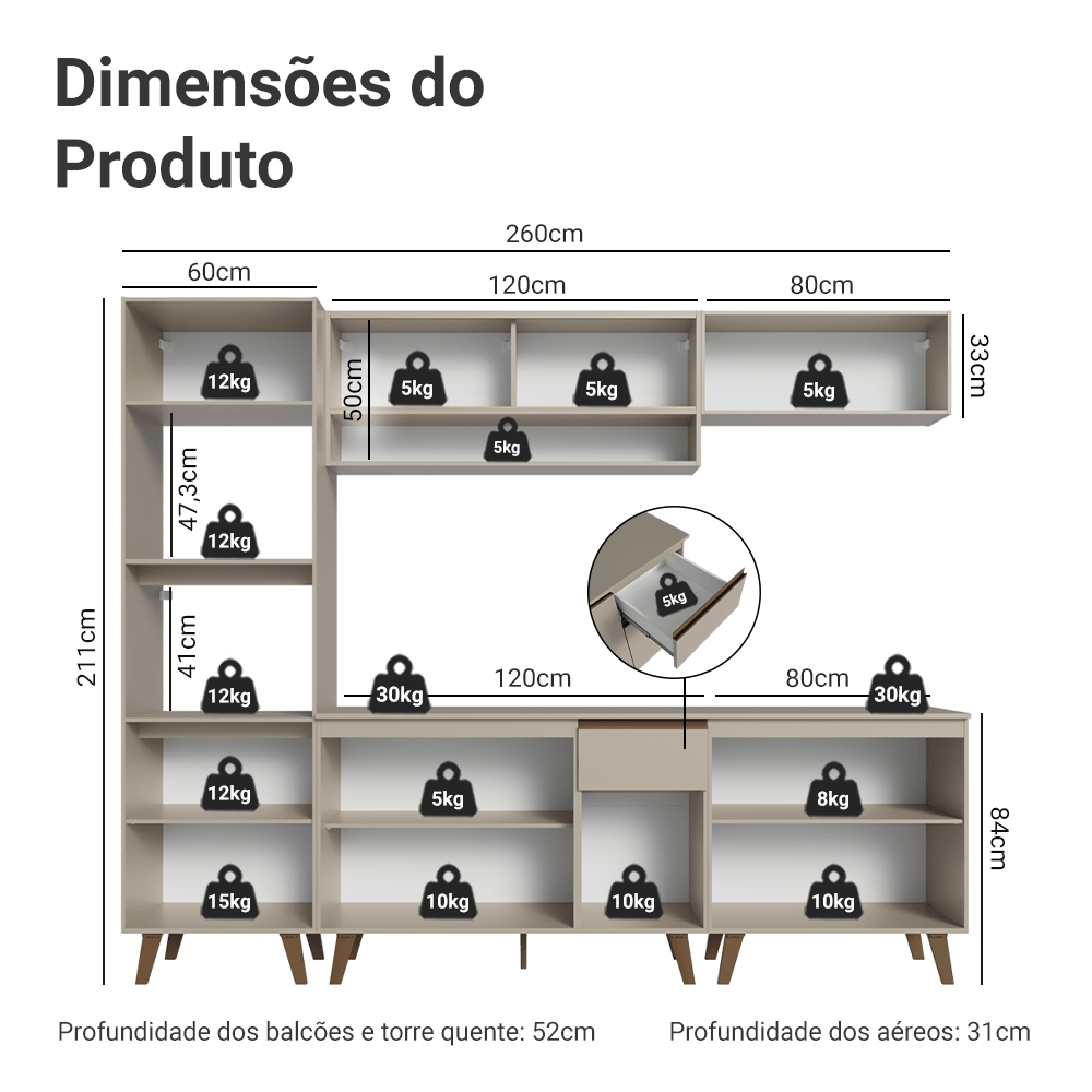 Armário de Cozinha Completa 260 cm Crema Nice Madesa 02