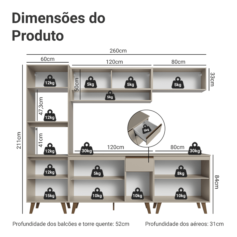 Armário de Cozinha Completa 260 cm Crema Nice Madesa 02