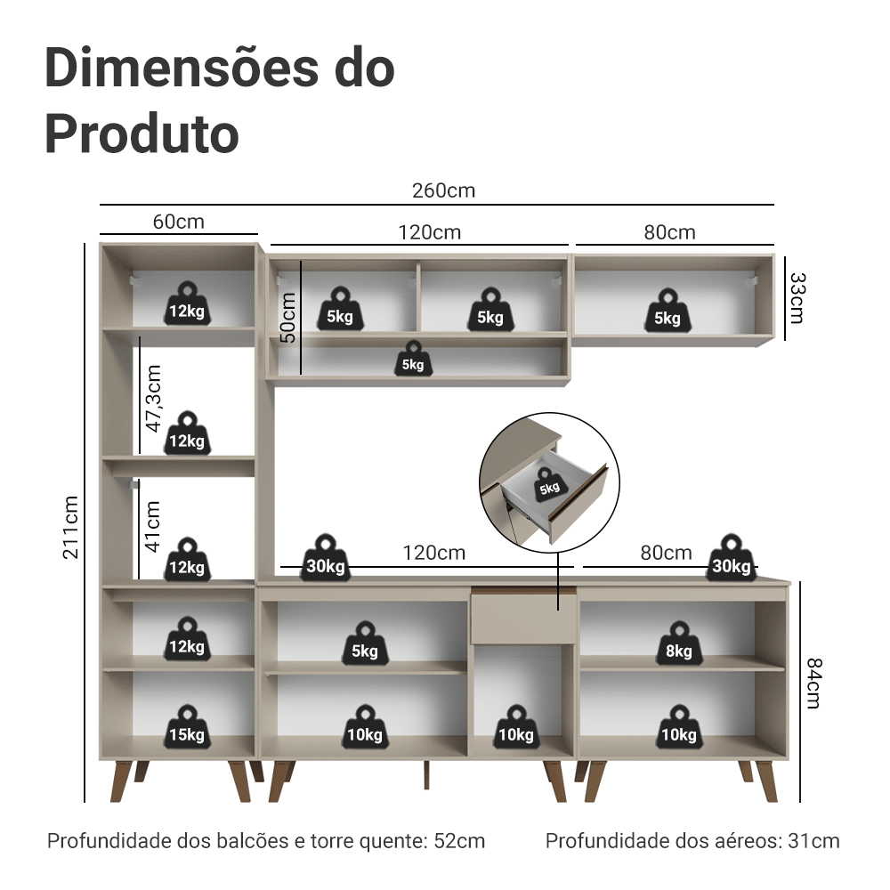 Armário de Cozinha Completa 260 cm Crema Nice Madesa 01
