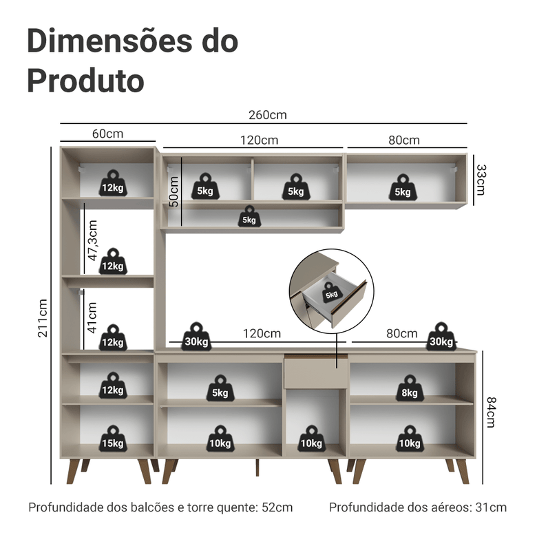 Armário de Cozinha Completa 260 cm Crema Nice Madesa 01