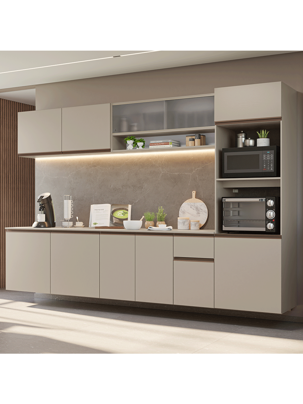 Armário de Cozinha Completa 300 cm Suspenso Crema Nice Madesa 04 - Crema