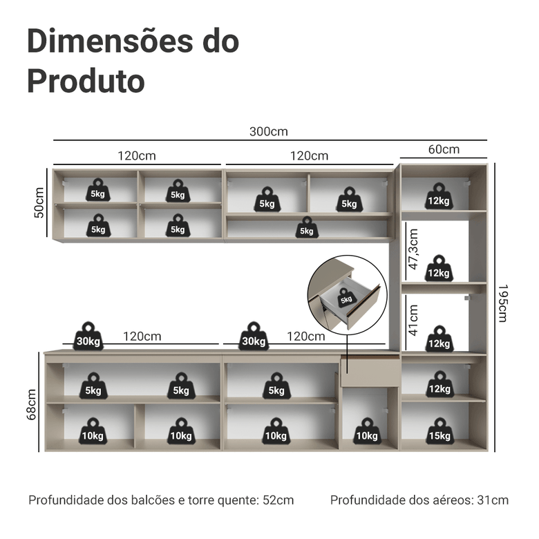 Armário de Cozinha Completa 300 cm Suspenso Crema Nice Madesa 04