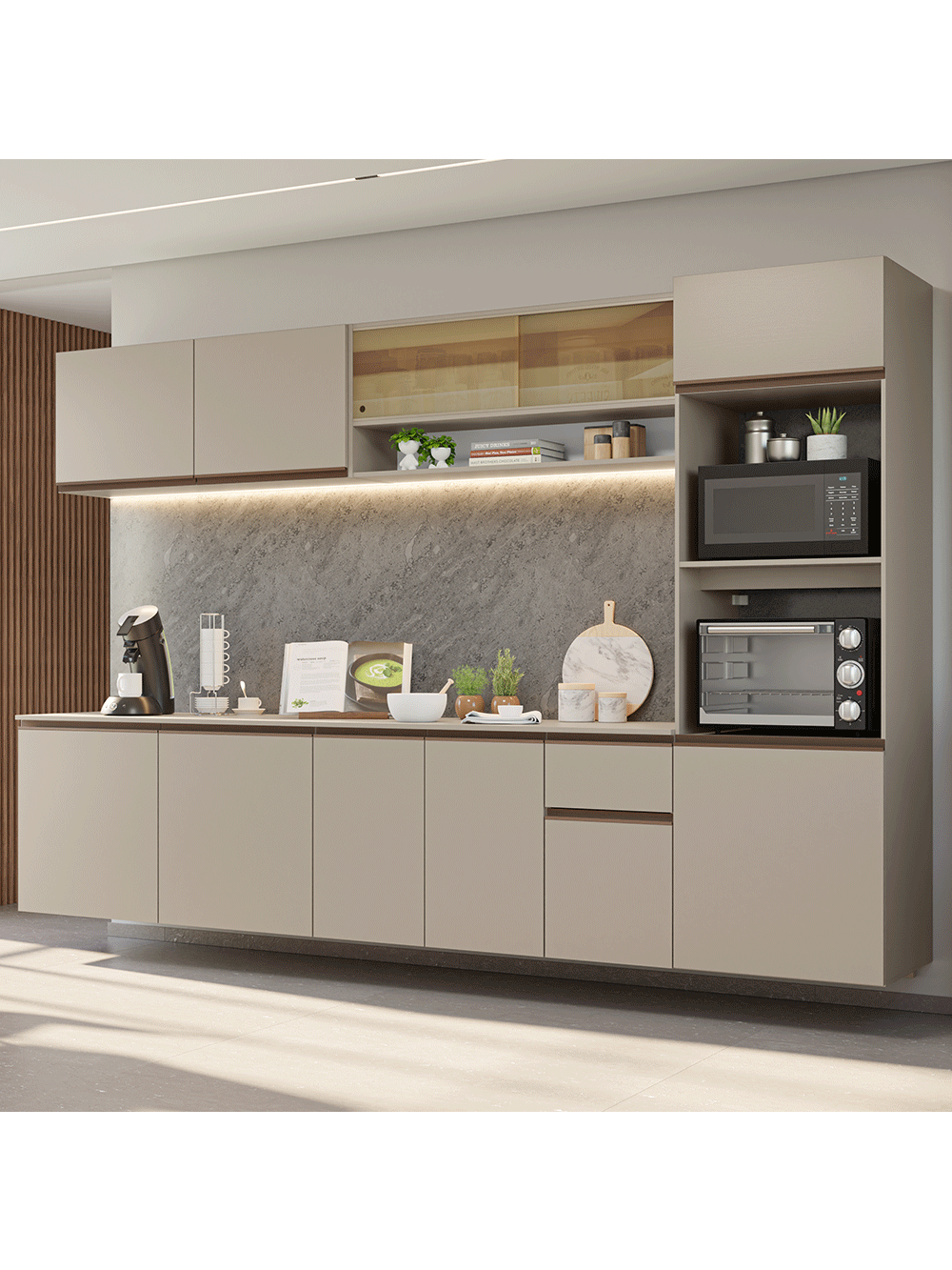 Armário de Cozinha Completa 300 cm Suspenso Crema Nice Madesa 03 - Crema