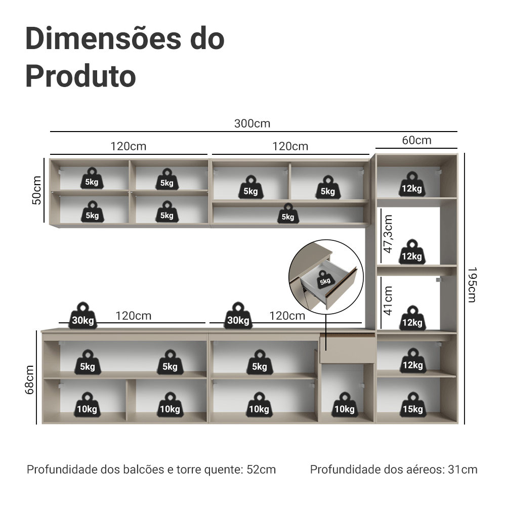Armário de Cozinha Completa 300 cm Suspenso Crema Nice Madesa 03