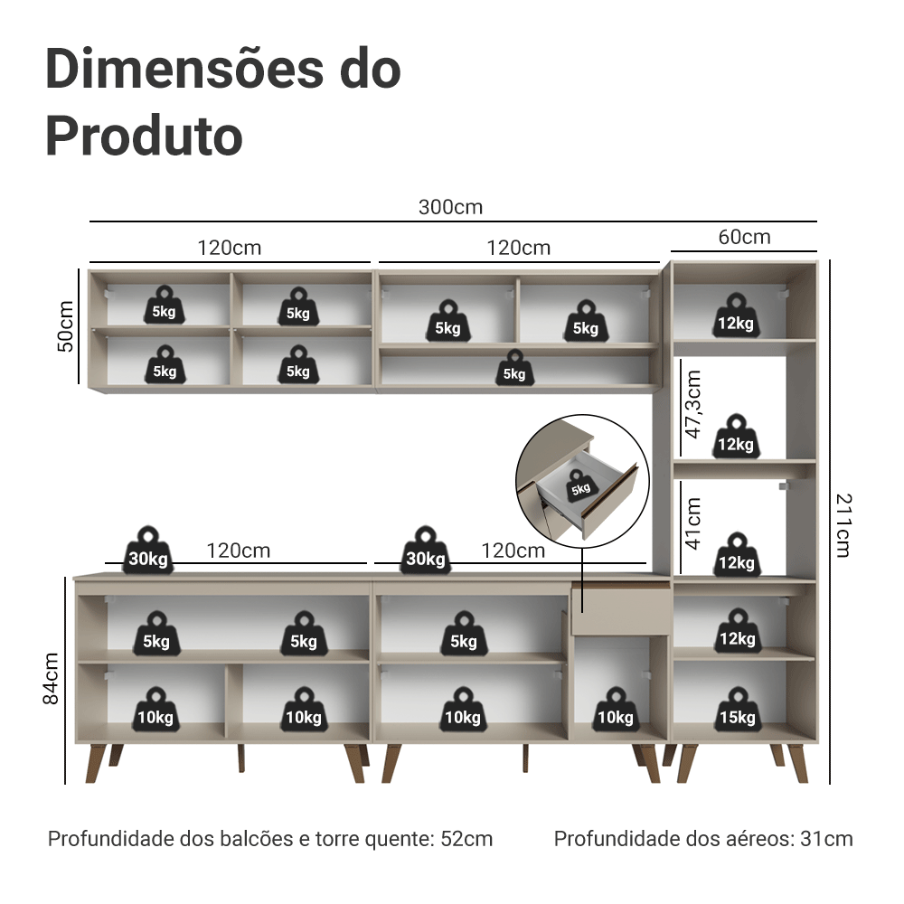 Armário de Cozinha Completa 300 cm Crema Nice Madesa 02