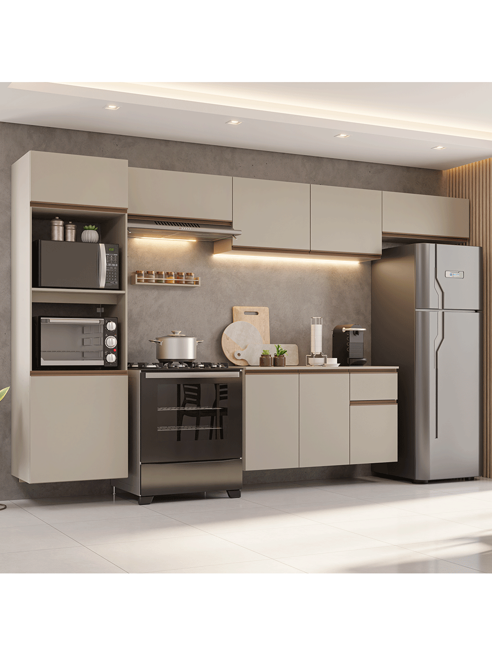 Armário de Cozinha Completa 340 cm Suspenso Crema Nice Madesa 02 - Crema