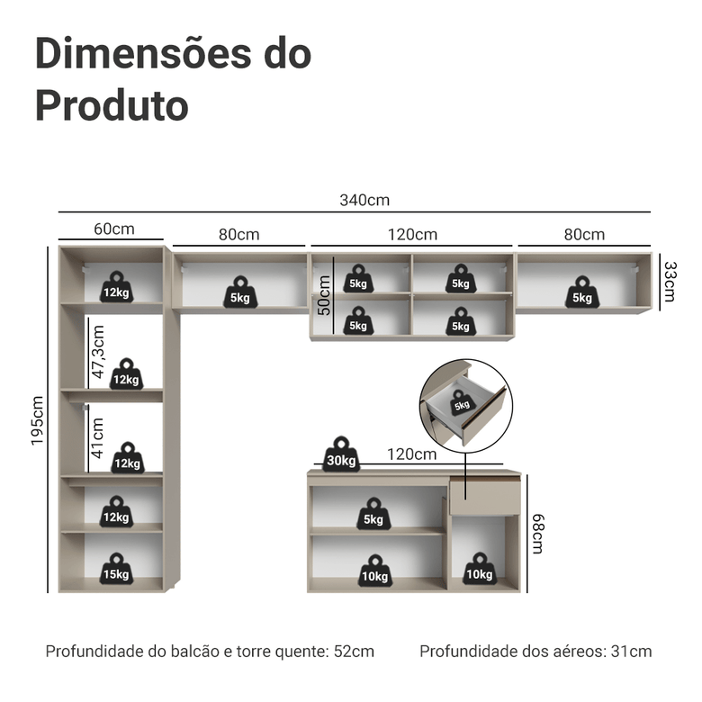 Armário de Cozinha Completa 340 cm Suspenso Crema Nice Madesa 02