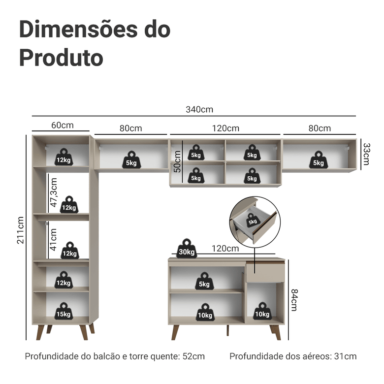 Armário de Cozinha Completa 340 cm Crema Nice Madesa 01