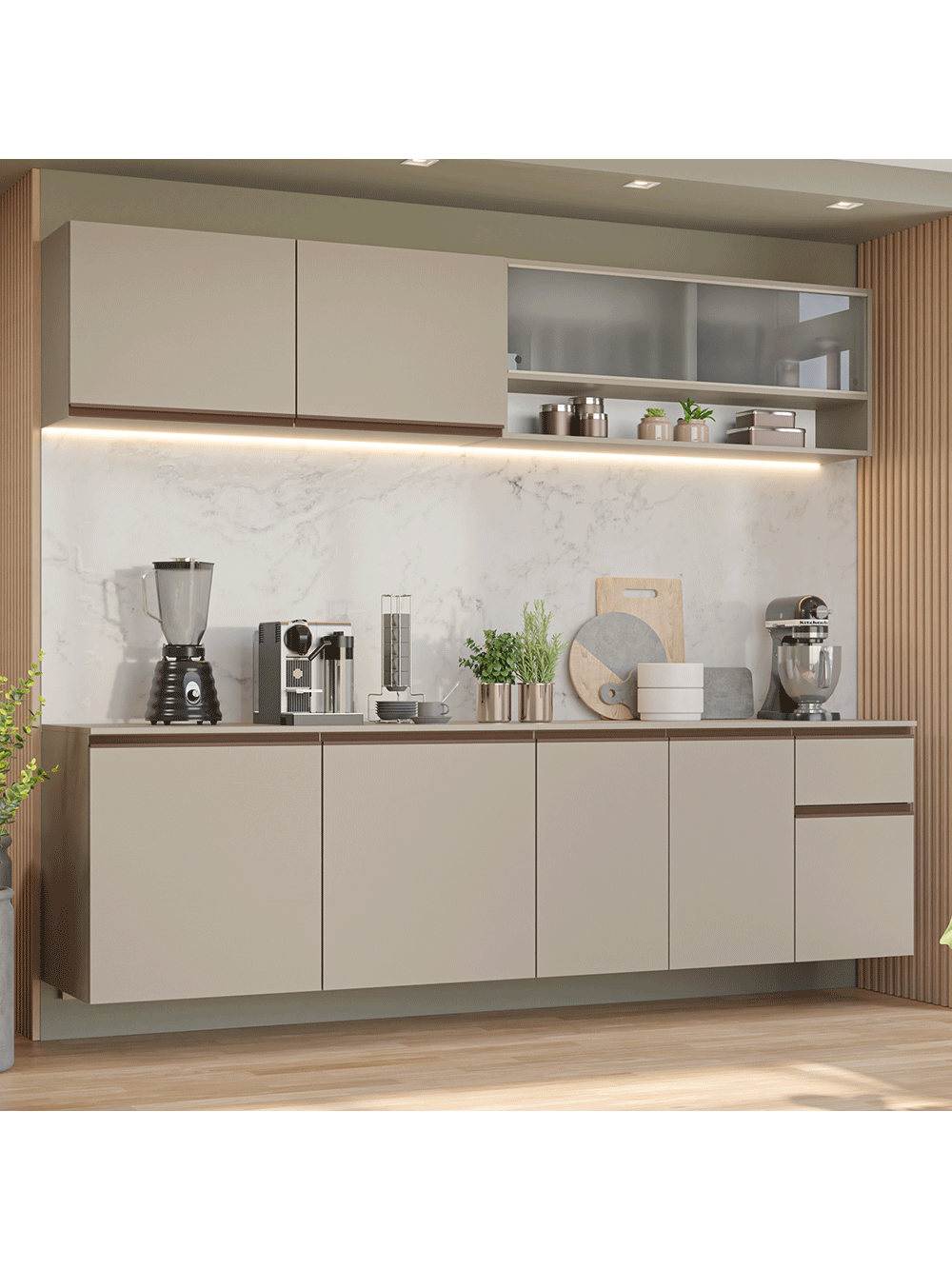 Armário de Cozinha Completa 240 cm Suspenso Crema Nice Madesa 04 - Crema