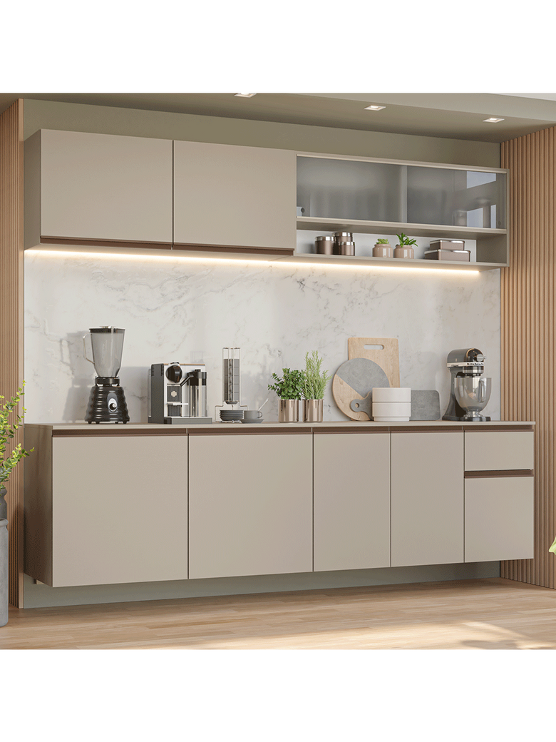Armário de Cozinha Completa 240 cm Suspenso Crema Nice Madesa 04