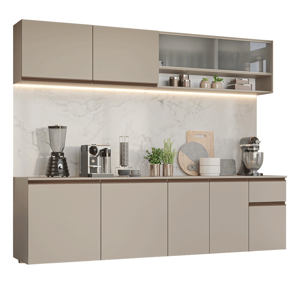 Armário de Cozinha Completa 240 cm Suspenso Crema Nice Madesa 04 - Crema