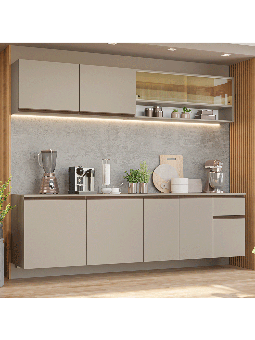 Armário de Cozinha Completa 240 cm Suspenso Crema Nice Madesa 05 - Crema