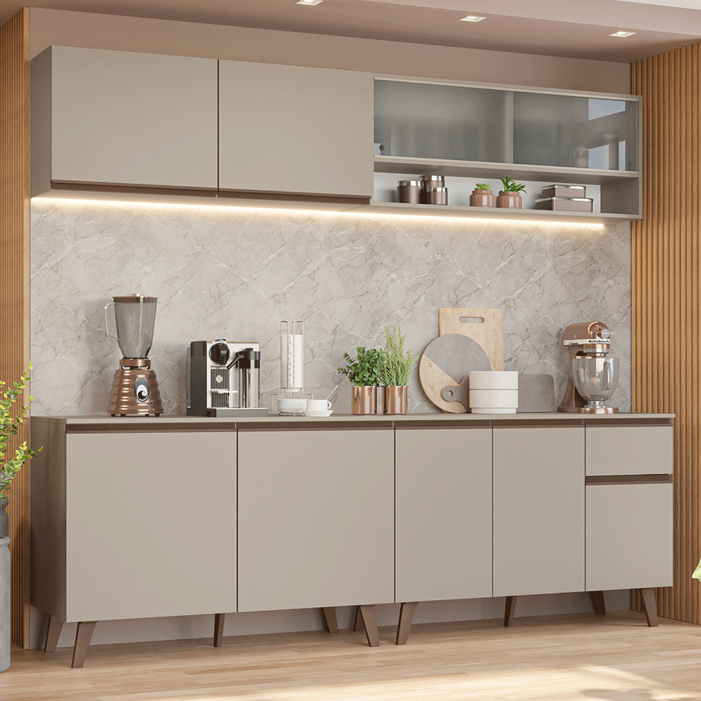 Armário de Cozinha Completa 240 cm Crema Nice Madesa 02 - Crema