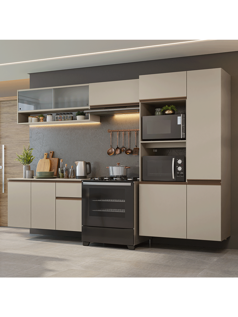 Armário de Cozinha Completa 300 cm Suspenso Crema Nice Madesa 06 - Crema