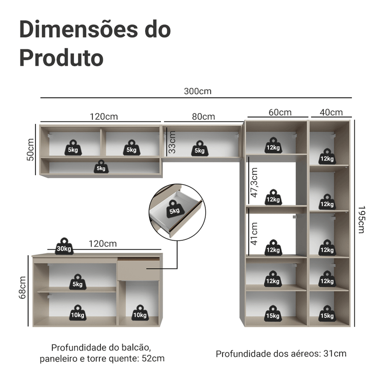 Armário de Cozinha Completa 300 cm Suspenso Crema Nice Madesa 06