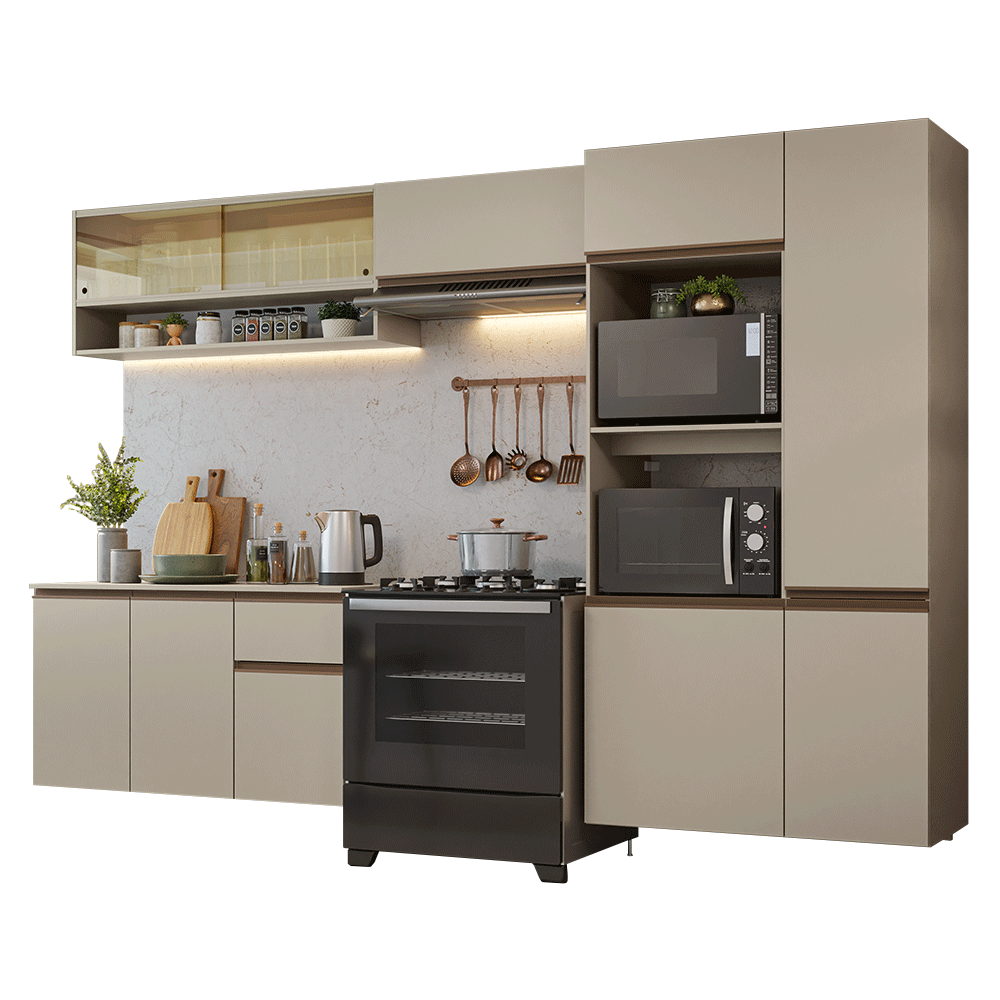 Armário de Cozinha Completa 300 cm Suspenso Crema Nice Madesa 07 - Crema