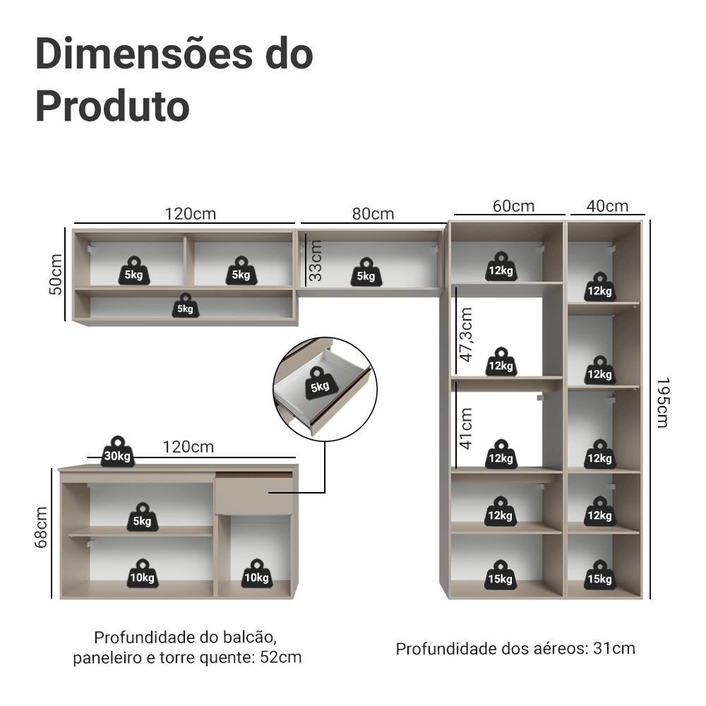 Armário de Cozinha Completa 300 cm Suspenso Crema Nice Madesa 07