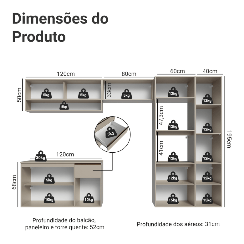 Armário de Cozinha Completa 300 cm Suspenso Crema Nice Madesa 07