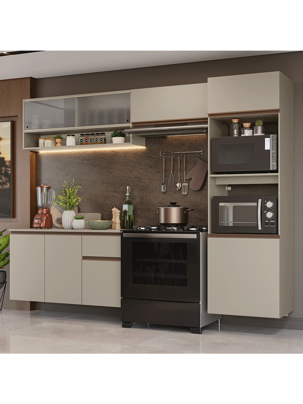 Armário de Cozinha Completa 260 cm Suspenso Crema Nice Madesa 11 - Crema