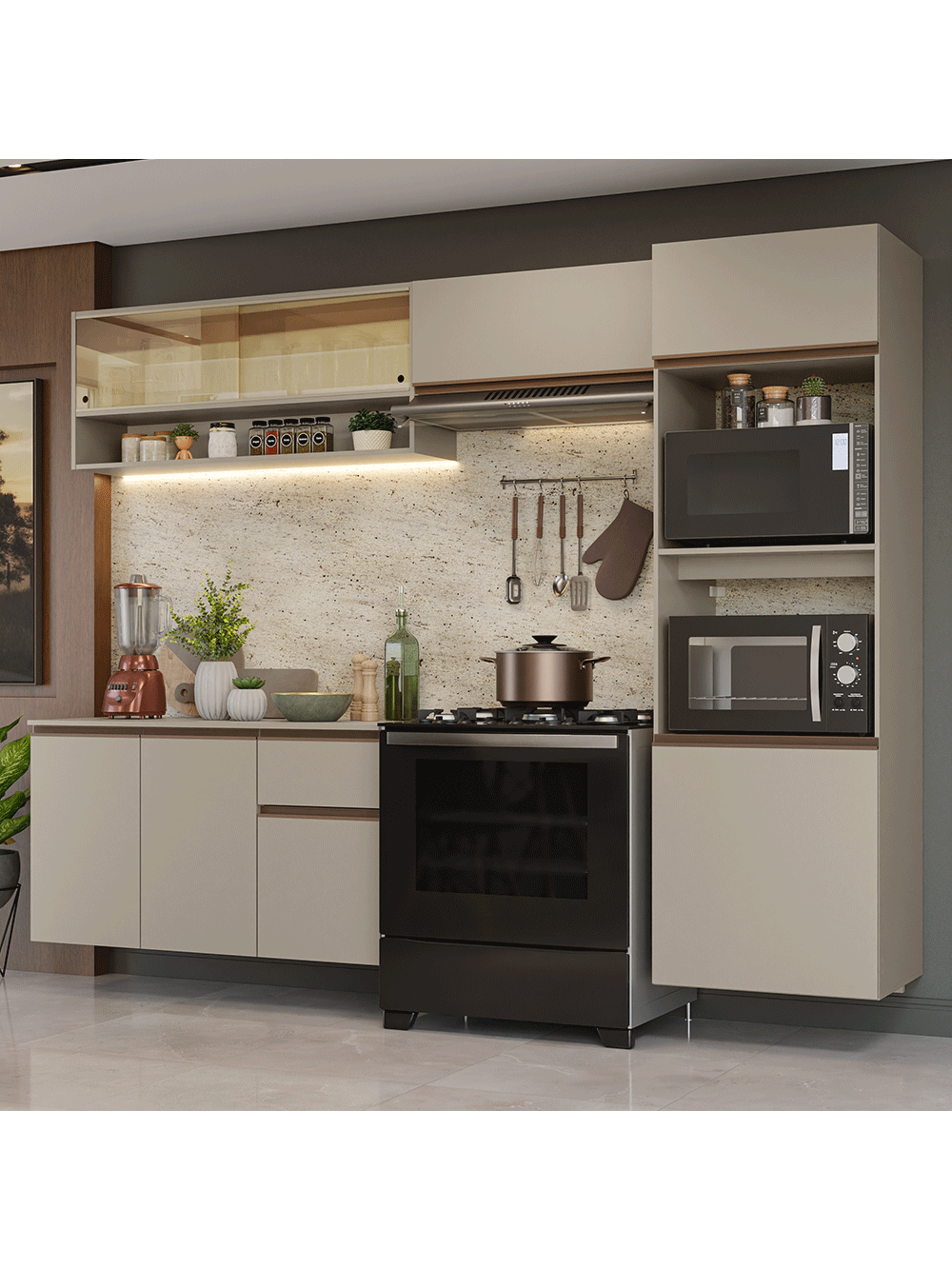 Armário de Cozinha Completa 260 cm Suspenso Crema Nice Madesa 10 - Crema