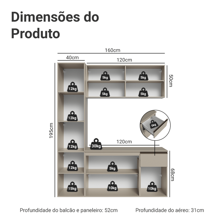 Armário de Cozinha Compacta 160 cm Suspenso Crema Nice Madesa 02