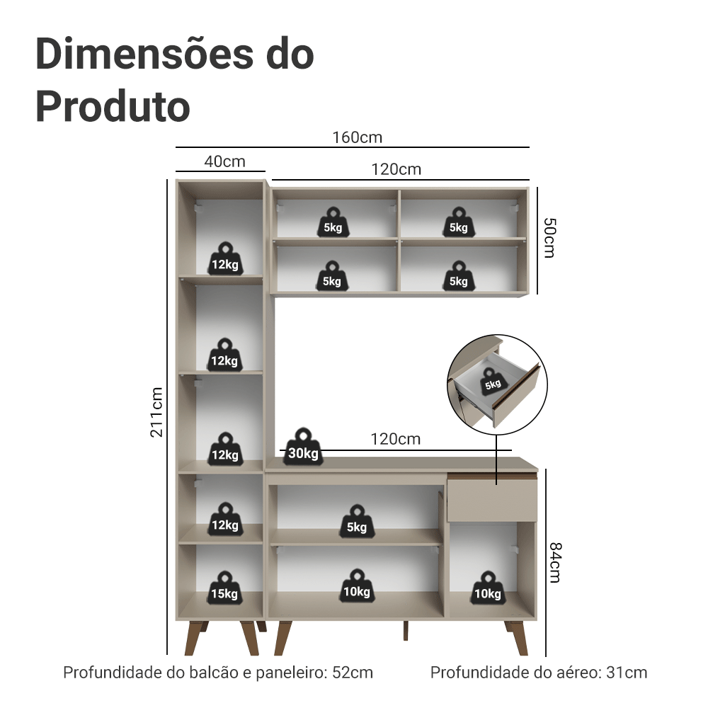 Armário de Cozinha Compacta 160 cm Crema Nice Madesa 01