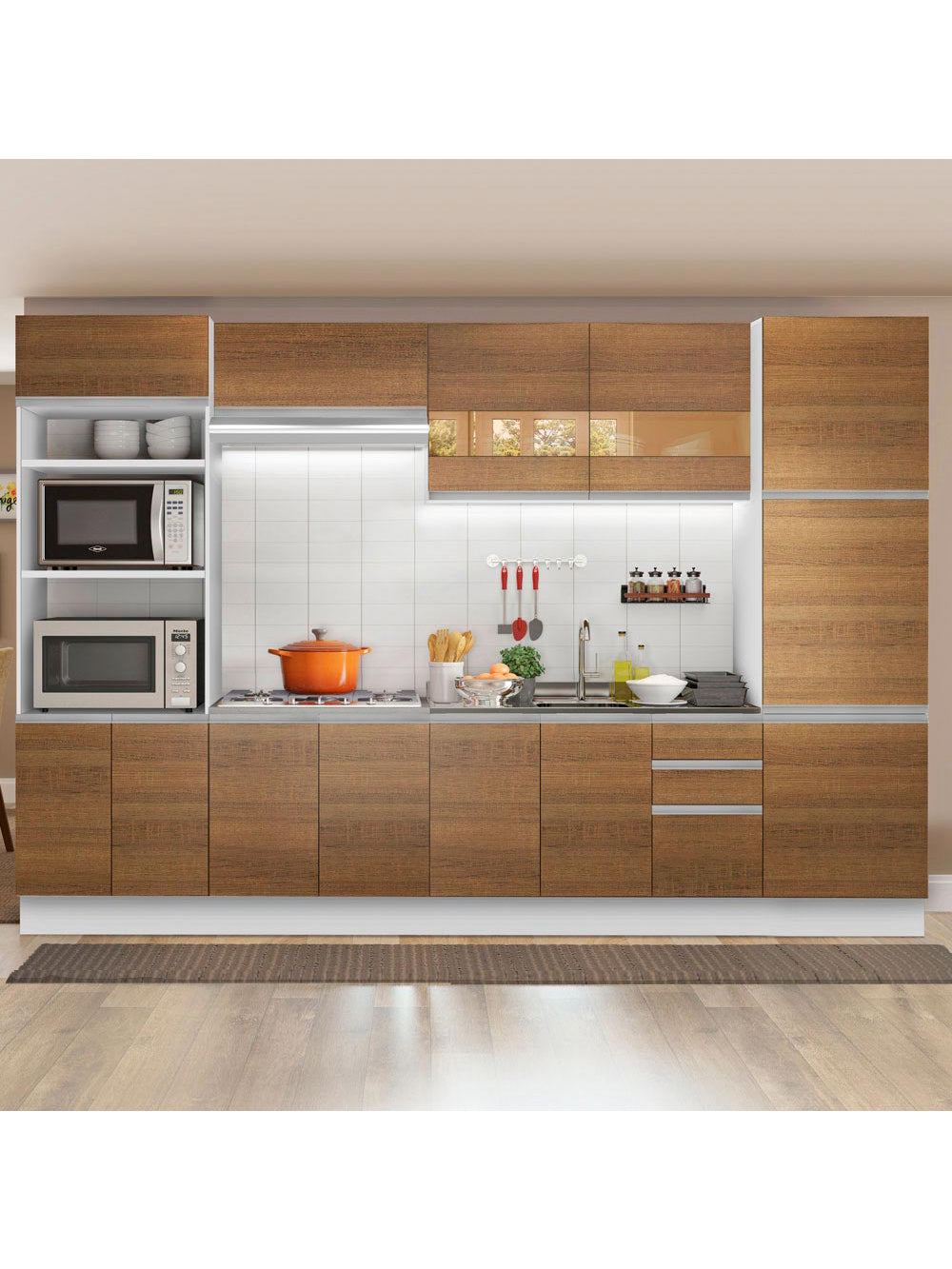 Armário de Cozinha Completa 330cm Branco/Rustic Roma Madesa 01 - Branco/Rustic