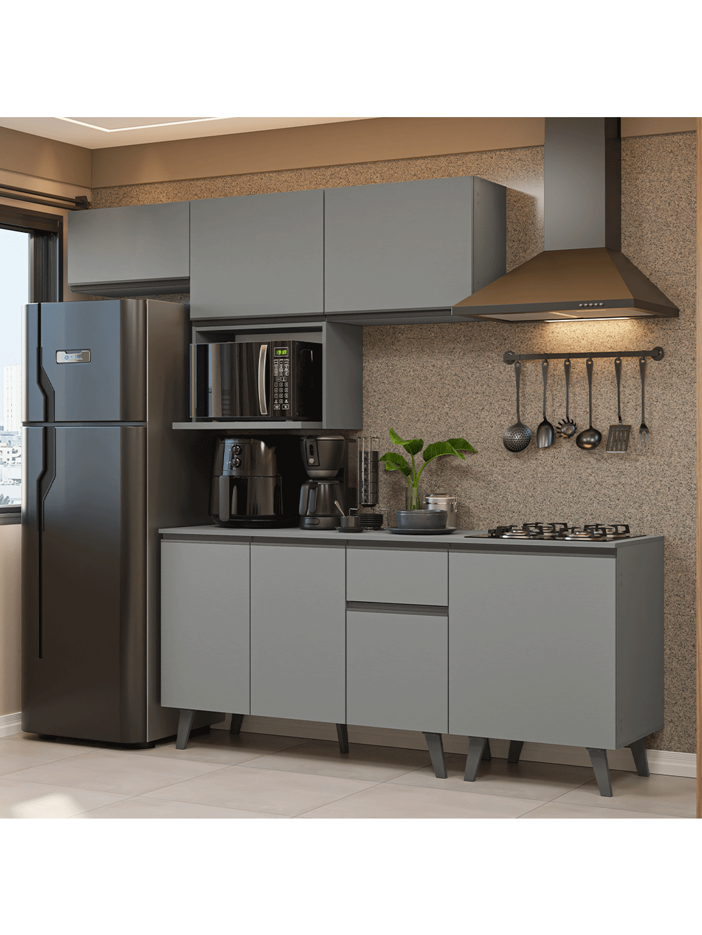 Armário de Cozinha Completa 240 cm Cinza Nice Madesa 06 - Cinza