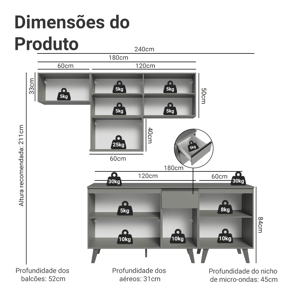 Armário de Cozinha Completa 240 cm Cinza Nice Madesa 06