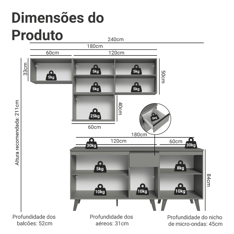 Armário de Cozinha Completa 240 cm Cinza Nice Madesa 06