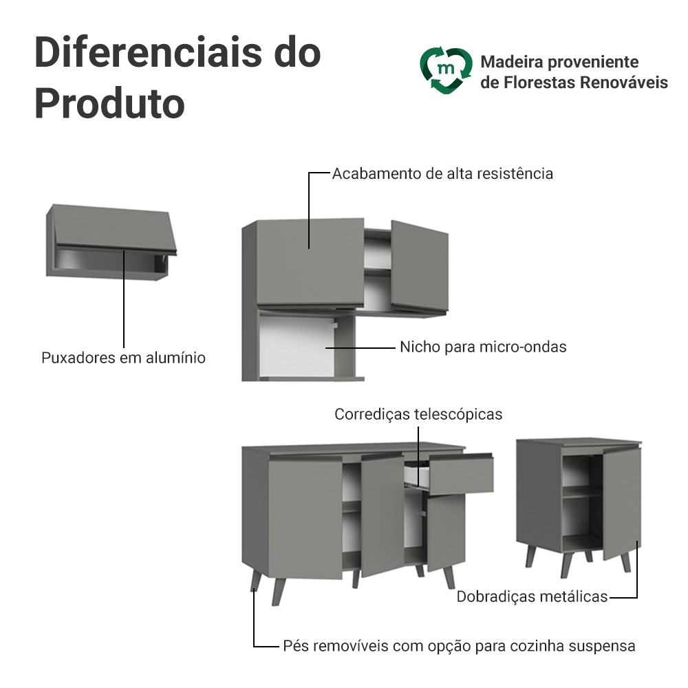 Armário de Cozinha Completa 240 cm Cinza Nice Madesa 06