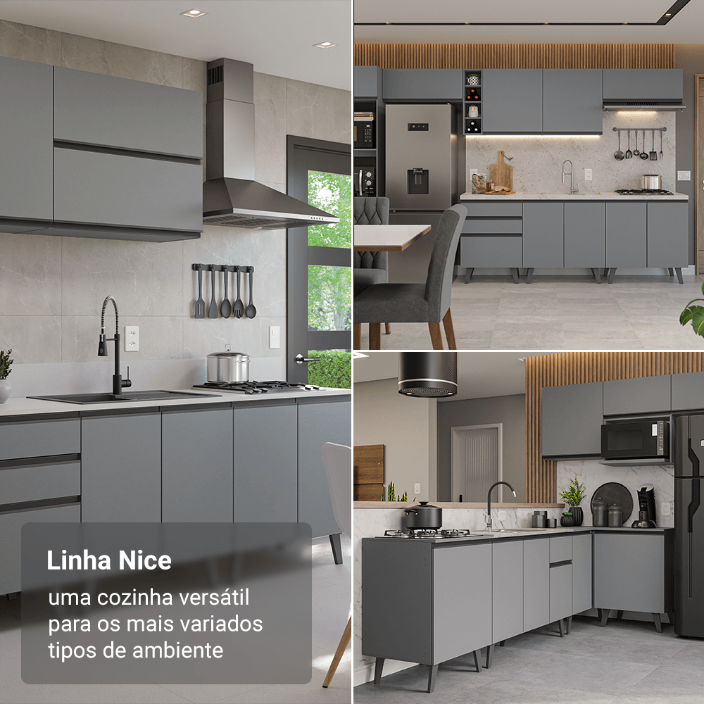 Armário de Cozinha Completa 240 cm Cinza Nice Madesa 06