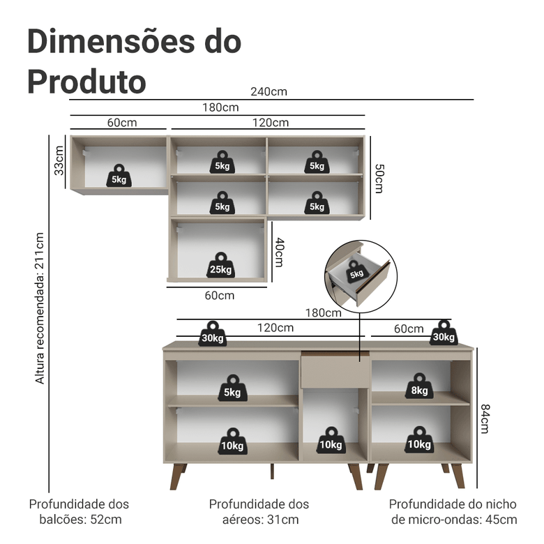 Armário de Cozinha Completa 240 cm Crema Nice Madesa 06