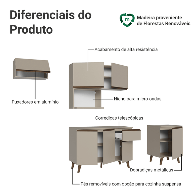 Armário de Cozinha Completa 240 cm Crema Nice Madesa 06