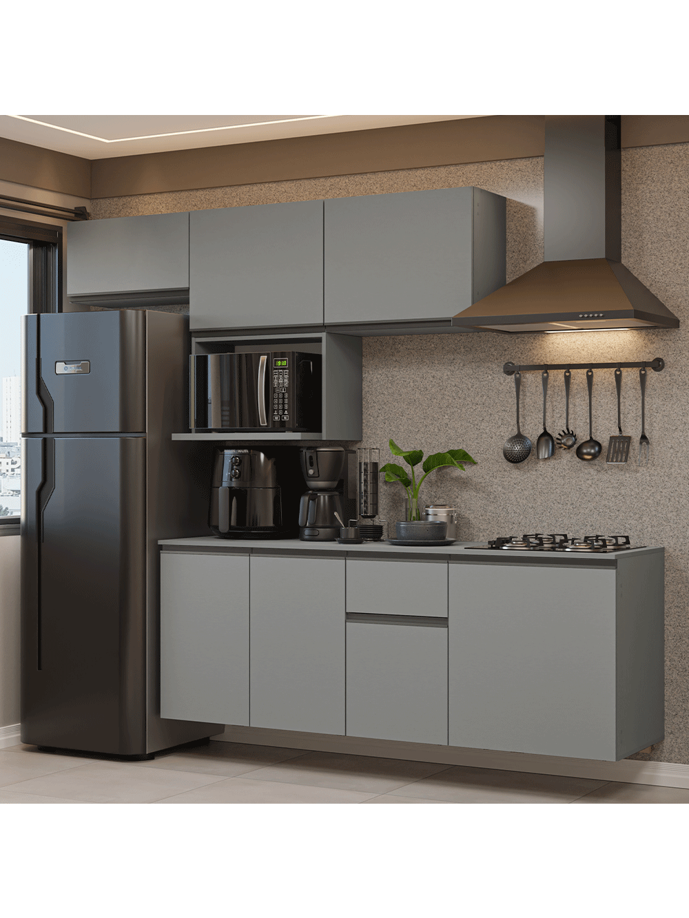 Armário de Cozinha Completa 240 cm Suspensa Cinza Nice Madesa 07 - Cinza