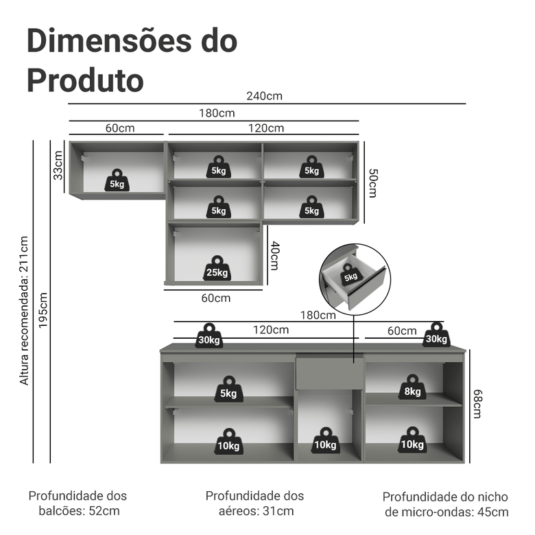 Armário de Cozinha Completa 240 cm Suspensa Cinza Nice Madesa 07