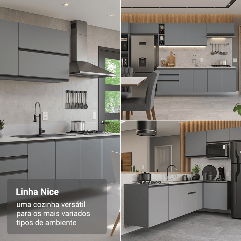 Armário de Cozinha Completa 240 cm Suspensa Cinza Nice Madesa 07
