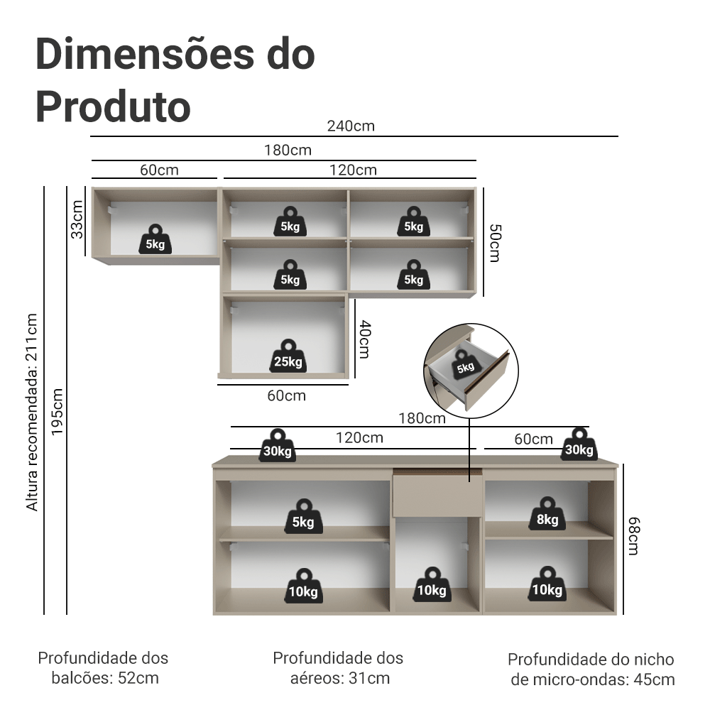 Armário de Cozinha Completa 240 cm Suspensa Crema Nice Madesa 07