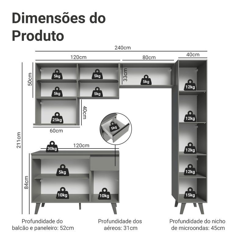 Armário de Cozinha Completa 240 cm Cinza Nice Madesa 08