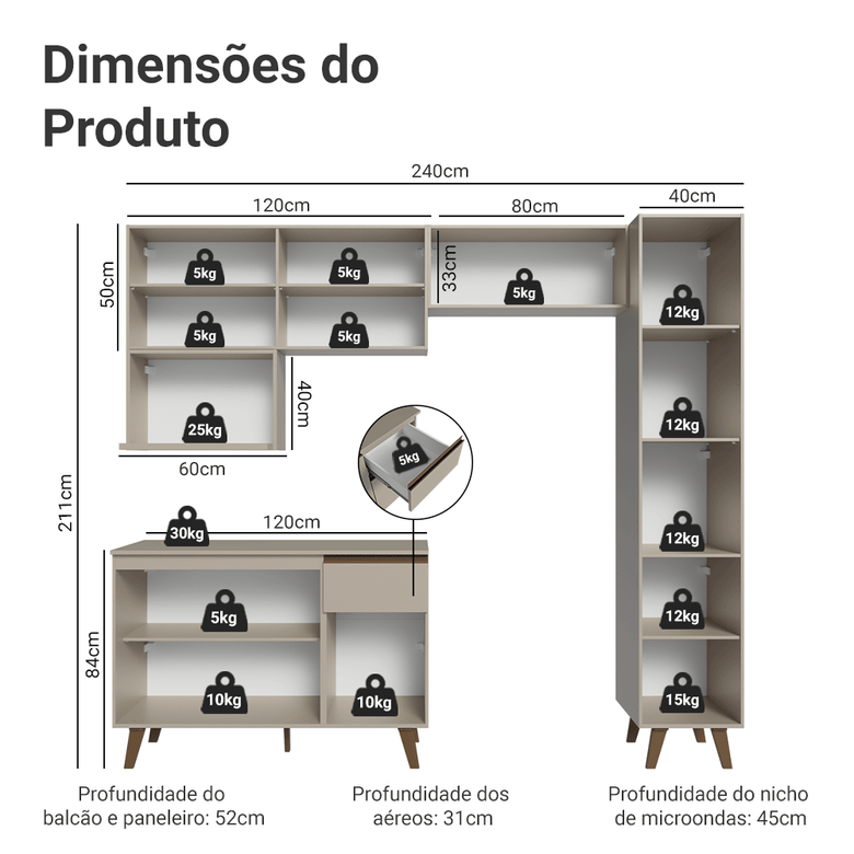 Armário de Cozinha Completa 240 cm Crema Nice Madesa 08