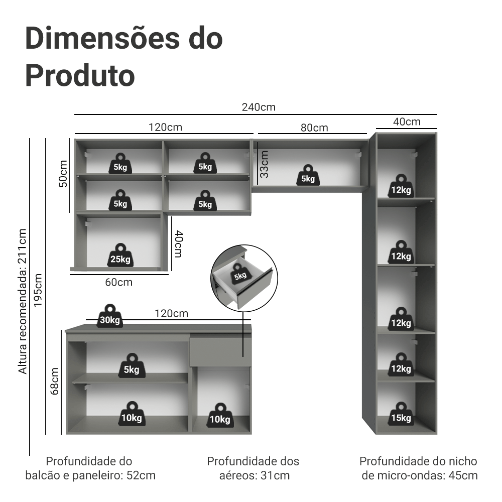 Armário de Cozinha Completa 240 cm Suspensa Cinza Nice Madesa 09