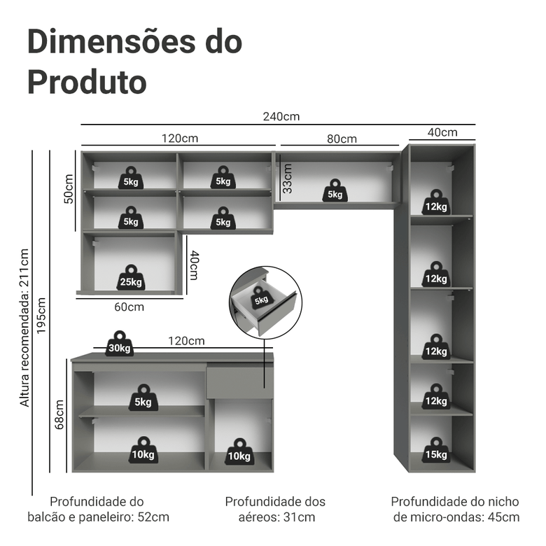 Armário de Cozinha Completa 240 cm Suspensa Cinza Nice Madesa 09