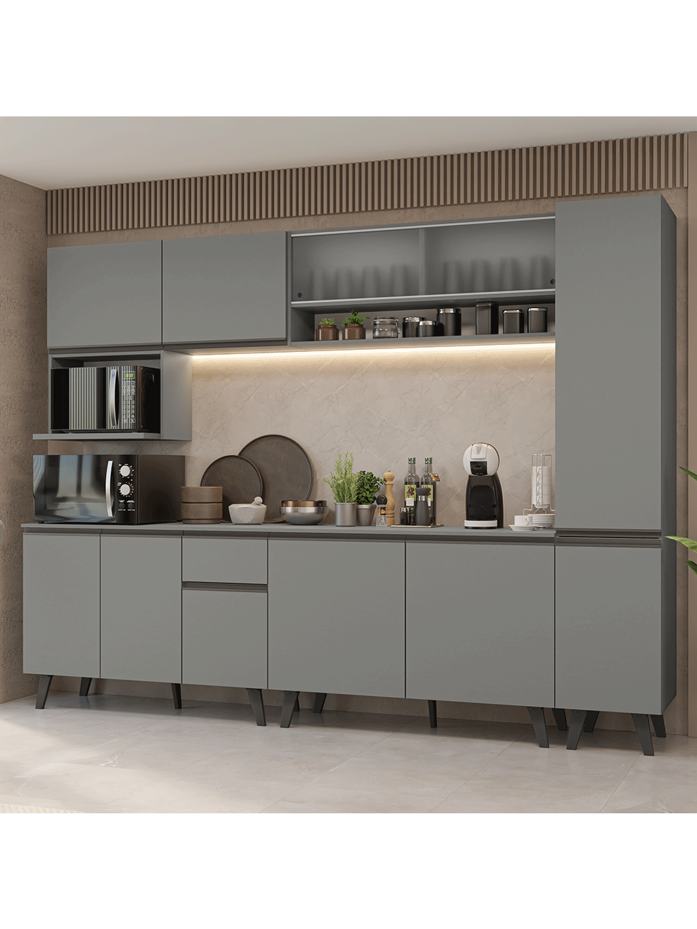 Armário de Cozinha Completa 280 cm Cinza Nice Madesa 02 - Cinza