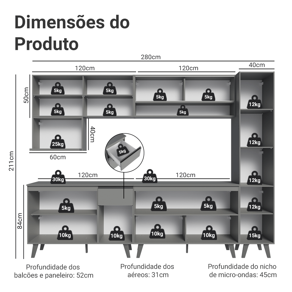 Armário de Cozinha Completa 280 cm Cinza Nice Madesa 02