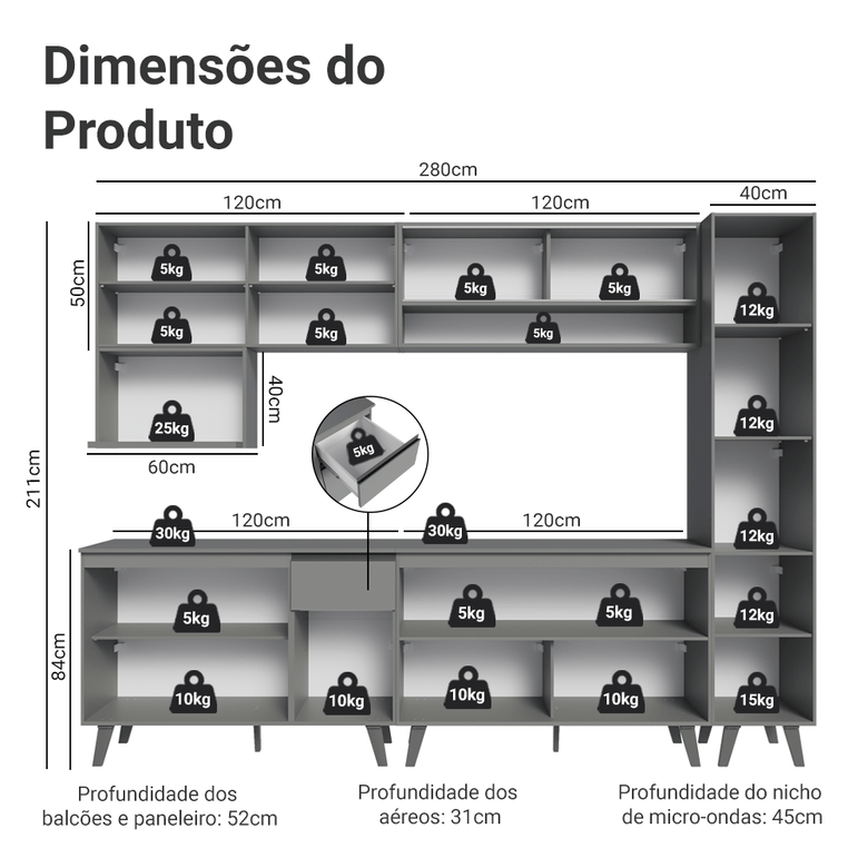 Armário de Cozinha Completa 280 cm Cinza Nice Madesa 02