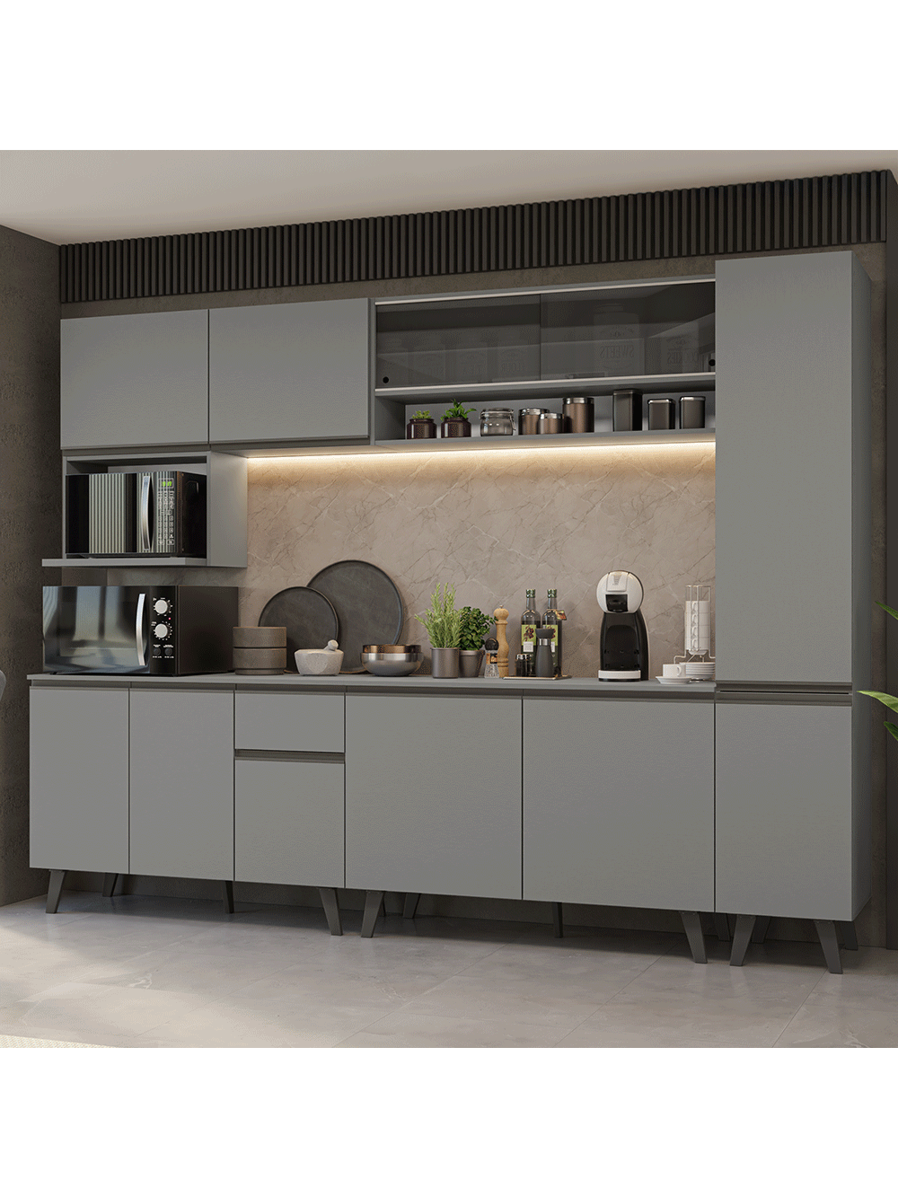 Armário de Cozinha Completa 280 cm Cinza Nice Madesa 03 - Cinza