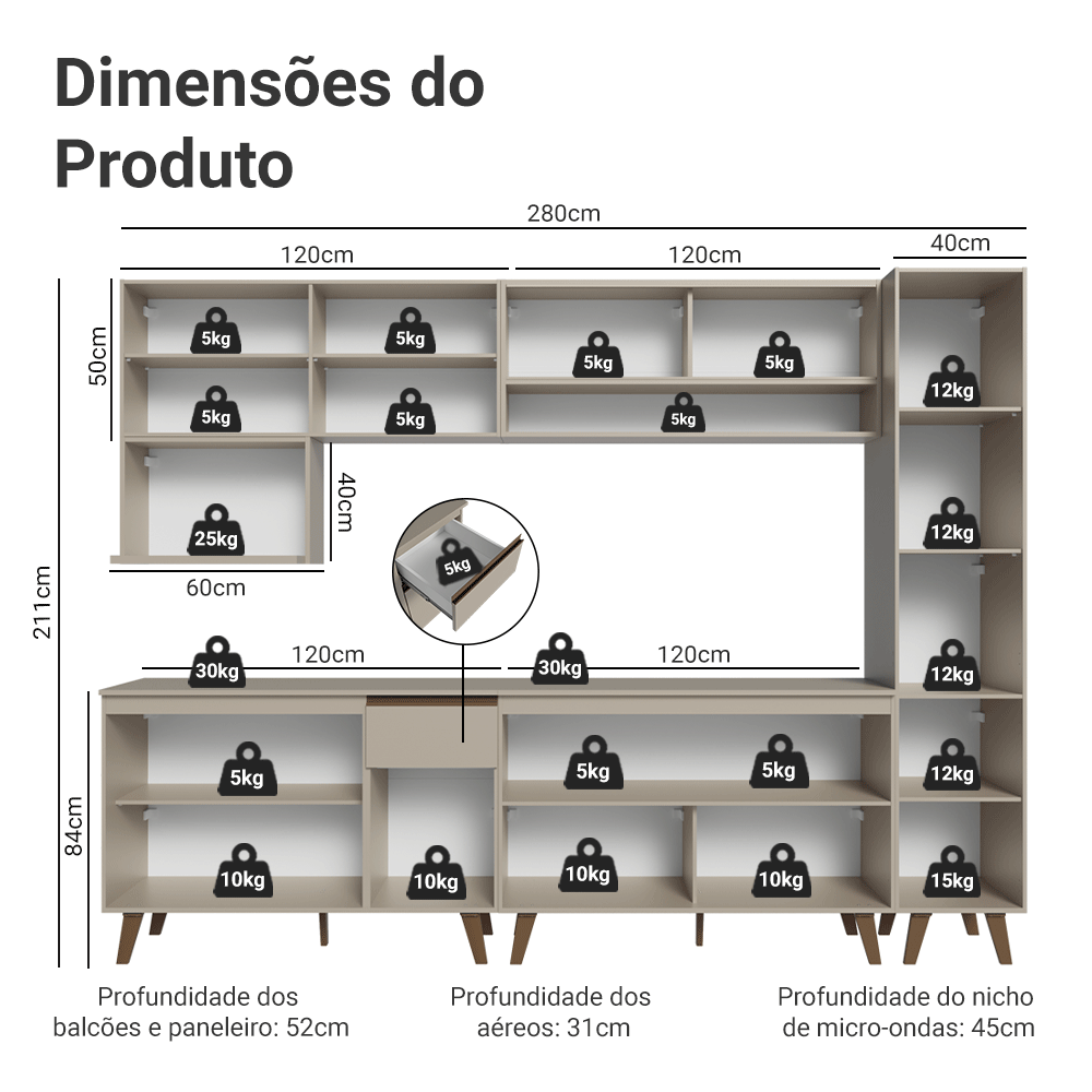 Armário de Cozinha Completa 280 cm Crema Nice Madesa 03
