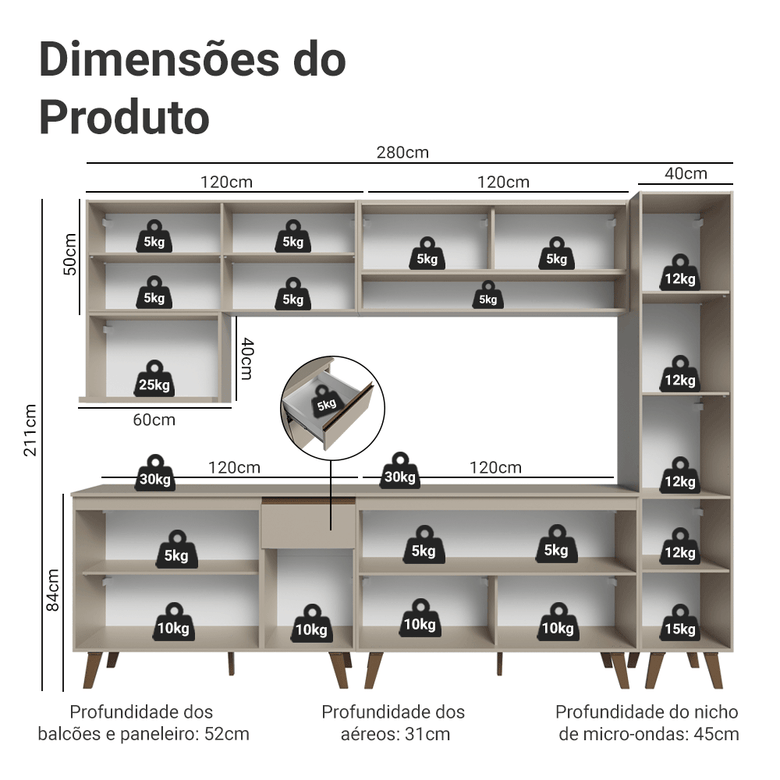 Armário de Cozinha Completa 280 cm Crema Nice Madesa 03