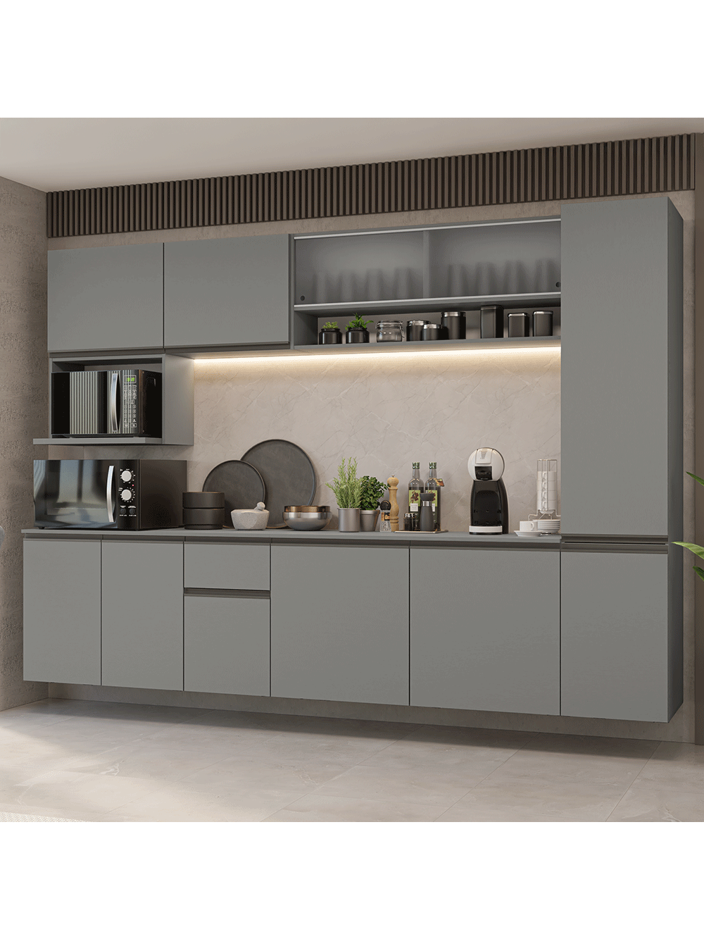 Armário de Cozinha Completa 280 cm Suspensa Cinza Nice Madesa 04 - Cinza